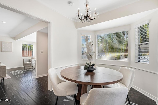 15233 Camarillo St, Sherman Oaks, CA 91403 - dining room with baseboards, a chandelier, and dark wood-type flooring
