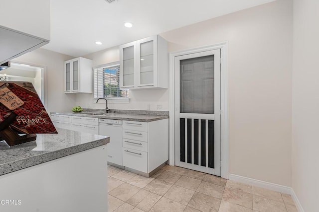 15233 Camarillo St, Sherman Oaks, CA 91403 - kitchen with dishwasher, a sink, white cabinets, glass insert cabinets, and recessed lighting