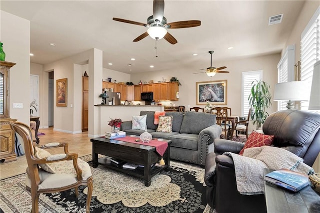 19423 Crystal Springs Ln, Apple Valley, CA 92308 - living area with a ceiling fan, plenty of natural light, recessed lighting, light tile patterned flooring, and baseboards