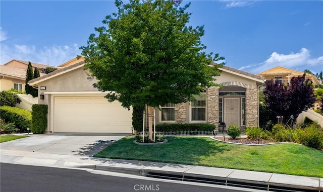 317 Calvert Park, Beaumont, CA 92223 - view of property hidden behind natural elements with an attached garage, driveway, stone siding, and stucco siding