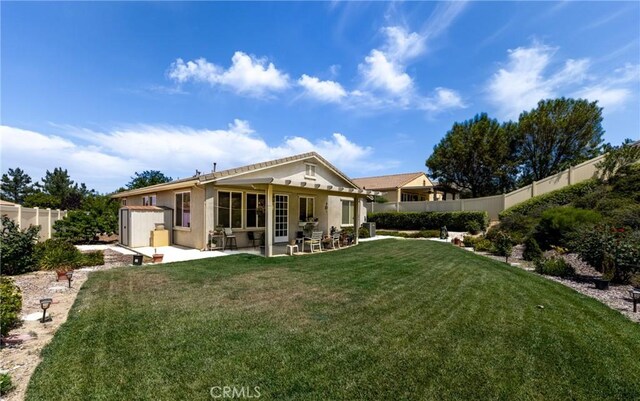 317 Calvert Park, Beaumont, CA 92223 - back of property featuring a patio, a fenced backyard, and a shed