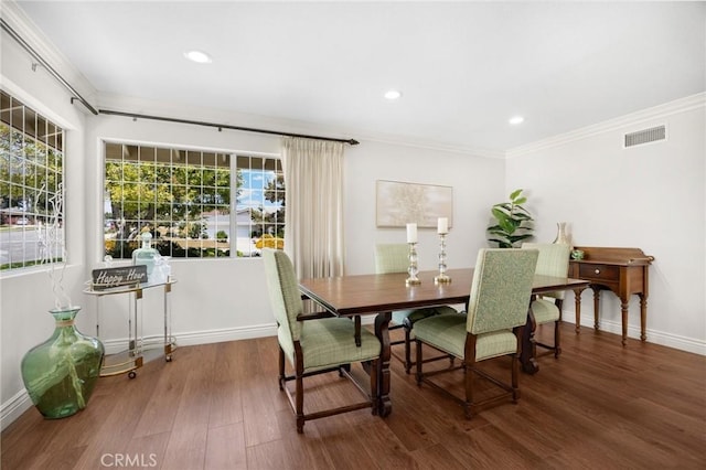 1463 Avolencia Dr, Fullerton, CA 92835 - dining room with wood finished floors, baseboards, crown molding, and recessed lighting
