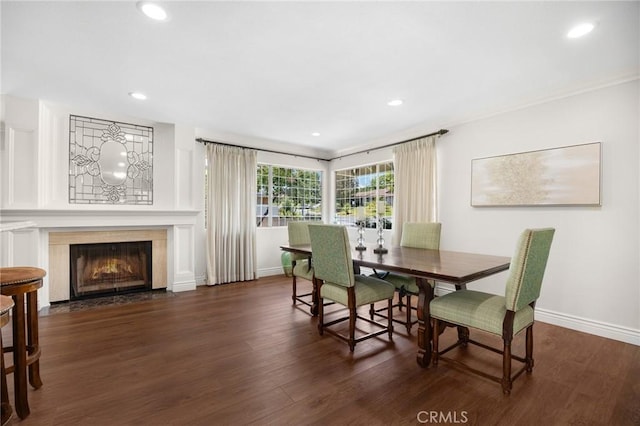 1463 Avolencia Dr, Fullerton, CA 92835 - dining room with baseboards, wood finished floors, recessed lighting, a fireplace with flush hearth, and ornamental molding