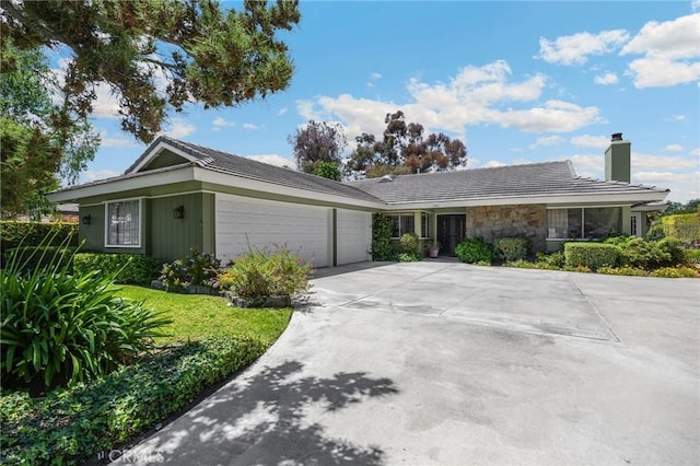 1463 Avolencia Dr, Fullerton, CA 92835 - ranch-style home featuring a garage, a chimney, concrete driveway, and stone siding