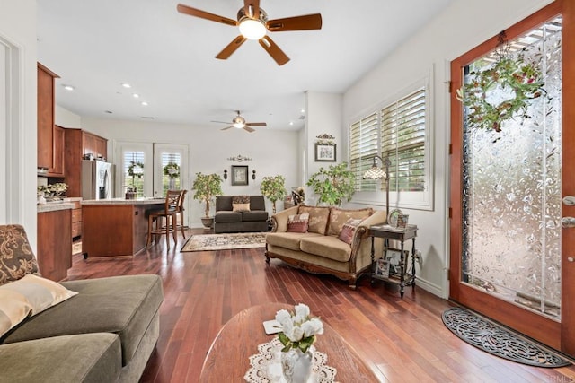 2227 Villa Verde Rd, Escondido, CA 92029 - living area with ceiling fan, healthy amount of natural light, dark wood-style floors, and recessed lighting