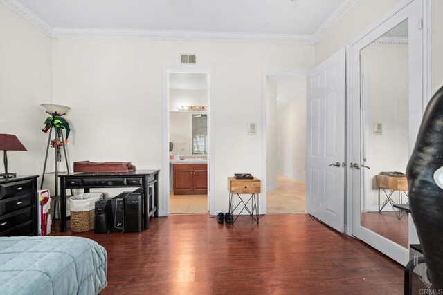 2227 Villa Verde Rd, Escondido, CA 92029 - bedroom with dark wood-style floors and crown molding