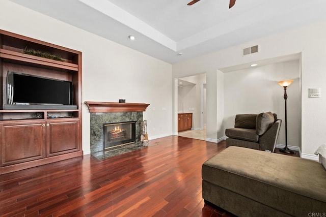 2227 Villa Verde Rd, Escondido, CA 92029 - living area with a ceiling fan, wood finished floors, a high end fireplace, and recessed lighting
