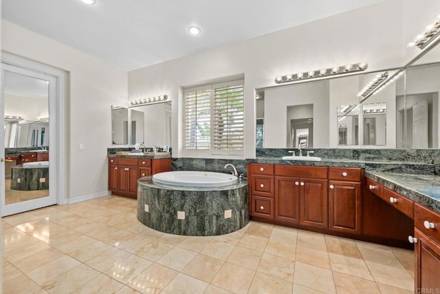 2227 Villa Verde Rd, Escondido, CA 92029 - bathroom featuring a garden tub, two vanities, tile patterned floors, and recessed lighting