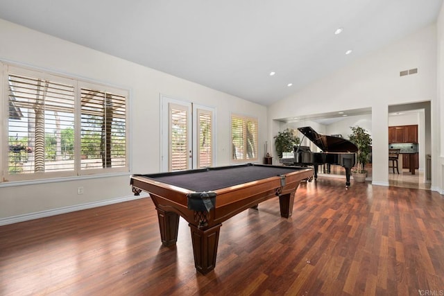 2227 Villa Verde Rd, Escondido, CA 92029 - recreation room with wood finished floors, billiards, high vaulted ceiling, and recessed lighting