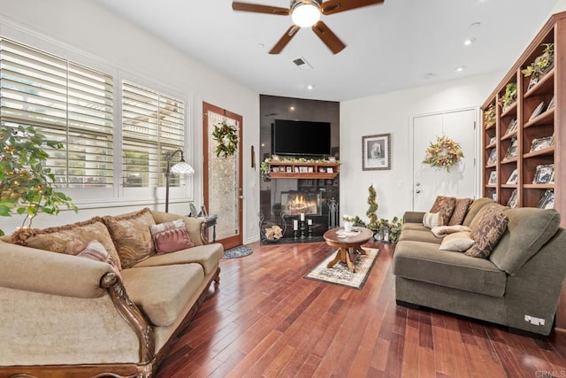 2227 Villa Verde Rd, Escondido, CA 92029 - living room featuring a lit fireplace, ceiling fan, and wood finished floors