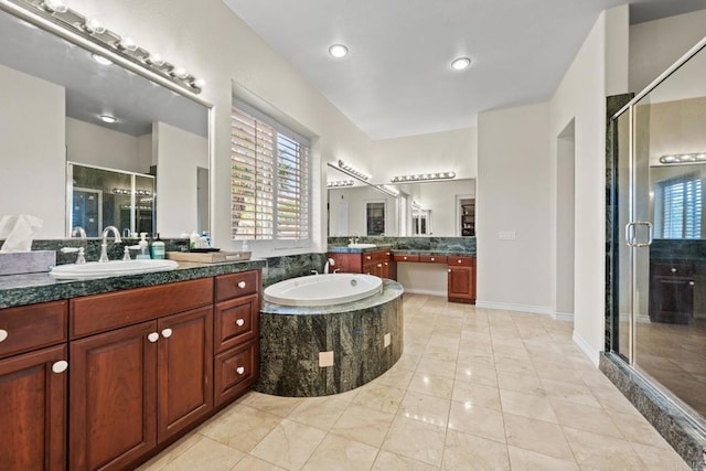 2227 Villa Verde Rd, Escondido, CA 92029 - bathroom with a shower stall, two vanities, a garden tub, tile patterned flooring, and recessed lighting