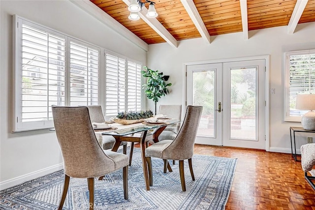 1217 S Gertruda Ave, Redondo Beach, CA 90277 - dining room with french doors, wooden ceiling with exposed beams, and baseboards