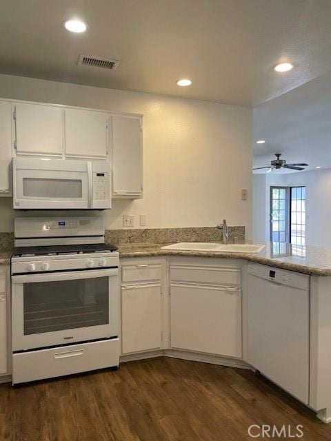 177 Via Colinas, Westlake Village, CA 91362 - kitchen featuring white appliances, white cabinets, dark wood finished floors, recessed lighting, and a ceiling fan
