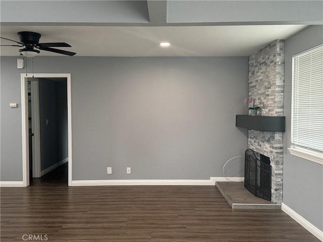 1227 N Fairvalley Ave, Covina, CA 91722 - unfurnished living room featuring wood finished floors, a fireplace, a ceiling fan, baseboards, and recessed lighting
