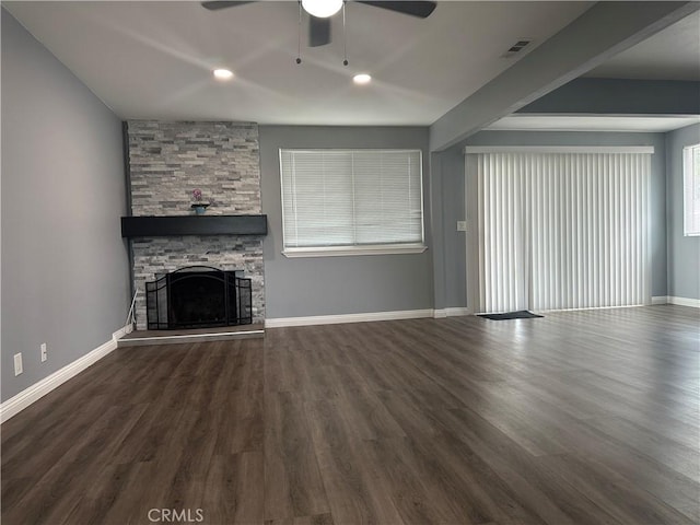 1227 N Fairvalley Ave, Covina, CA 91722 - unfurnished living room with a ceiling fan, a stone fireplace, baseboards, wood finished floors, and recessed lighting