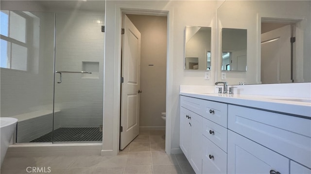 110 Sunnyside, Irvine, CA 92618 - full bathroom featuring vanity, a shower stall, toilet, tile patterned floors, and baseboards