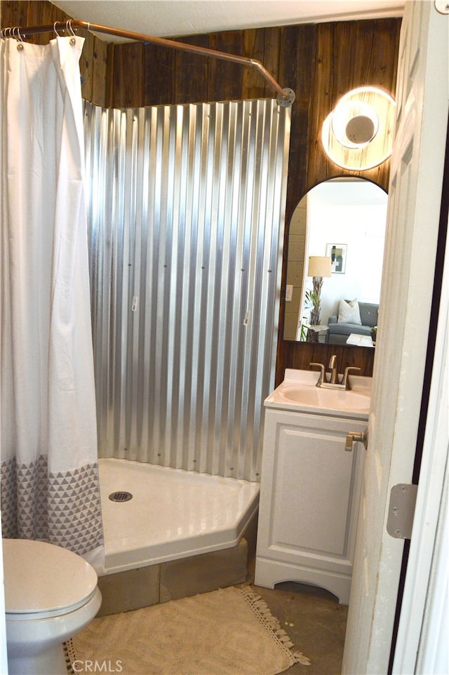 310 Enchanted Rd, Joshua Tree, CA 92252 - full bathroom with curtained shower, vanity, toilet, and tile patterned floors