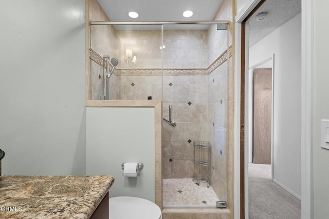 6421 Almar St, Simi Valley, CA 93063 - bathroom with a stall shower, vanity, and recessed lighting