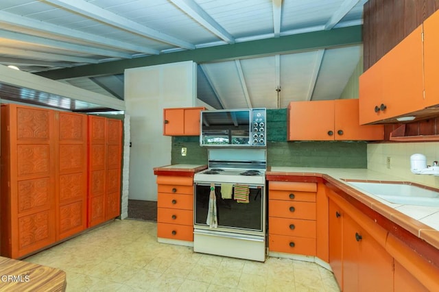 1330 Fern Oaks Dr, Santa Paula, CA 93060 - kitchen featuring white electric stove, tasteful backsplash, and tile countertops