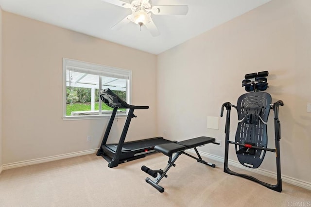 23406 Oakely Pl, Ramona, CA 92065 - workout area featuring baseboards, carpet floors, and a ceiling fan