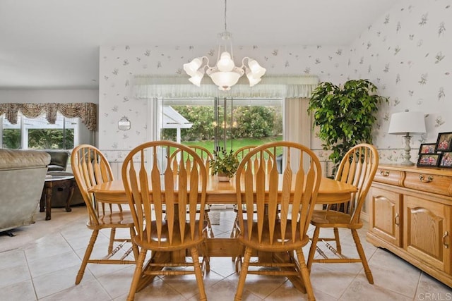 23406 Oakely Pl, Ramona, CA 92065 - dining room featuring wallpapered walls, a chandelier, and light tile patterned flooring