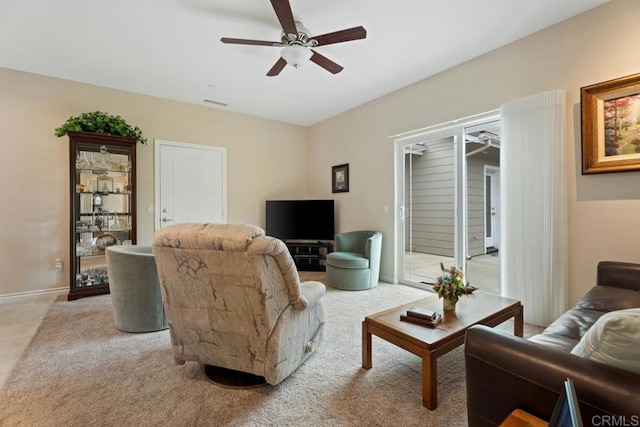 23406 Oakely Pl, Ramona, CA 92065 - living area with ceiling fan, light carpet, and baseboards