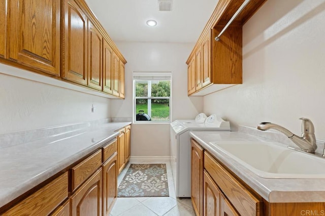 23406 Oakely Pl, Ramona, CA 92065 - washroom featuring cabinet space, independent washer and dryer, light tile patterned flooring, and recessed lighting