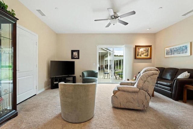 23406 Oakely Pl, Ramona, CA 92065 - carpeted living room featuring ceiling fan and baseboards