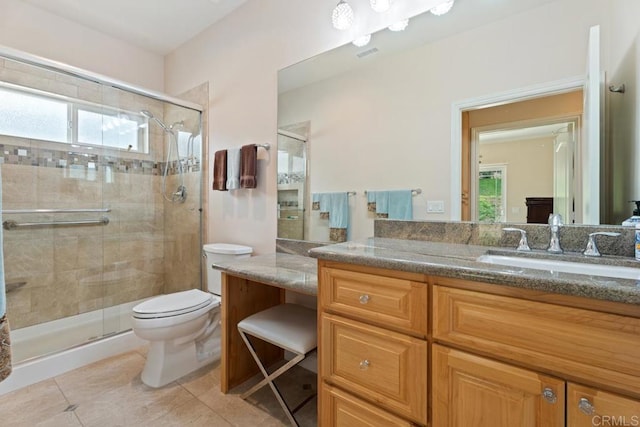 23406 Oakely Pl, Ramona, CA 92065 - full bathroom featuring vanity, toilet, a stall shower, and plenty of natural light