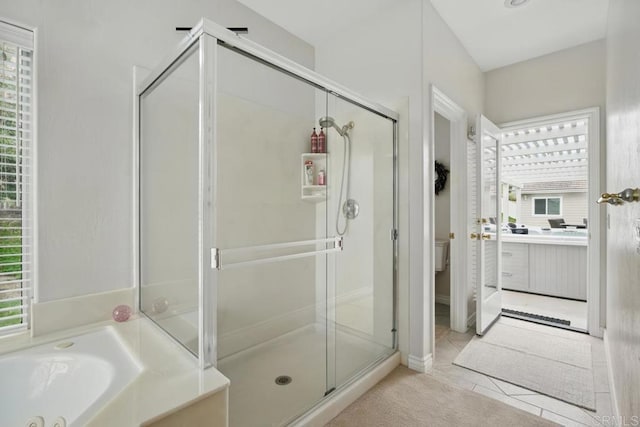 23406 Oakely Pl, Ramona, CA 92065 - full bath featuring healthy amount of natural light, a stall shower, a jetted tub, and toilet