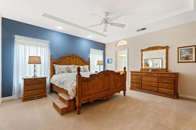 23406 Oakely Pl, Ramona, CA 92065 - bedroom with a tray ceiling, light colored carpet, a ceiling fan, recessed lighting, and baseboards