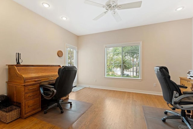23406 Oakely Pl, Ramona, CA 92065 - home office featuring light wood-style floors, baseboards, ceiling fan, and recessed lighting