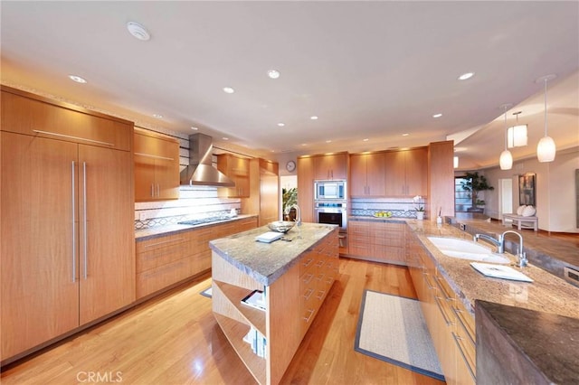 3 Harbor Ridge Dr, Newport Beach, CA 92660 - kitchen featuring wall chimney range hood, built in appliances, open shelves, backsplash, and light stone counters