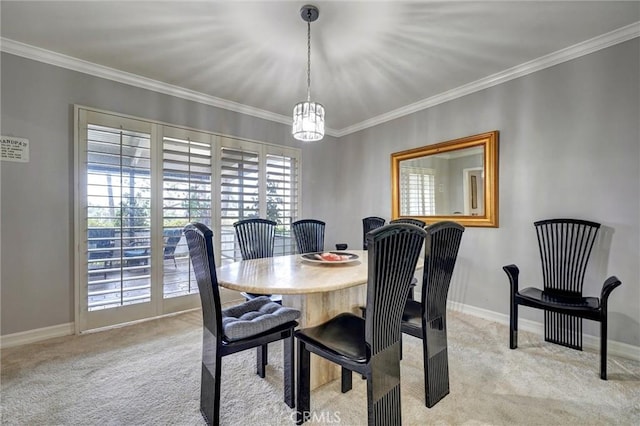 2917 Highridge Rd, La Crescenta, CA 91214 - dining space with light carpet, crown molding, baseboards, and a chandelier
