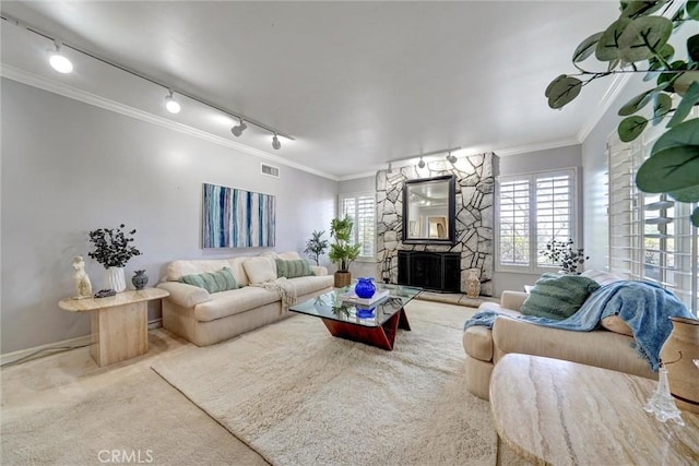 2917 Highridge Rd, La Crescenta, CA 91214 - carpeted living room featuring rail lighting, ornamental molding, and a fireplace