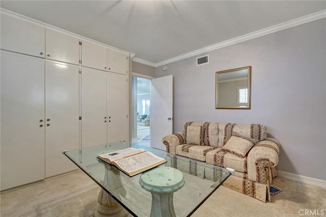 2917 Highridge Rd, La Crescenta, CA 91214 - living area featuring light colored carpet, ornamental molding, and baseboards