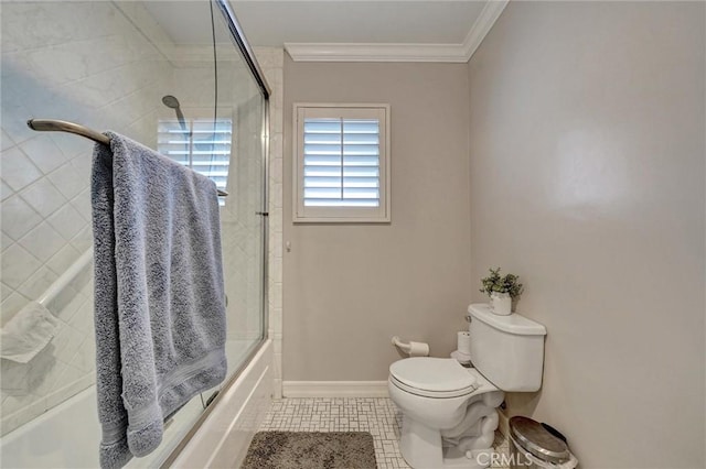 2917 Highridge Rd, La Crescenta, CA 91214 - bathroom featuring combined bath / shower with glass door, toilet, tile patterned flooring, crown molding, and baseboards