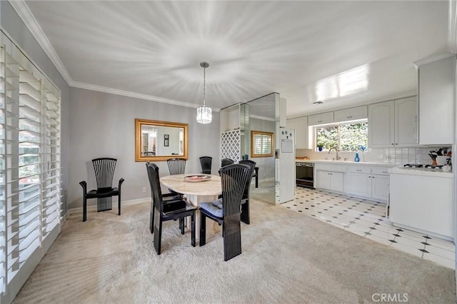 2917 Highridge Rd, La Crescenta, CA 91214 - dining room featuring ornamental molding, light carpet, and a chandelier