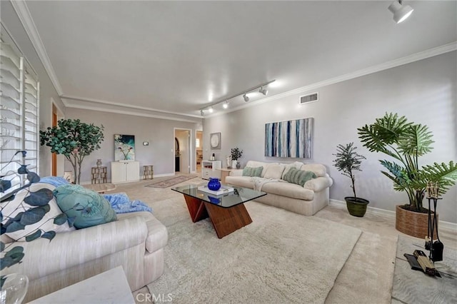 2917 Highridge Rd, La Crescenta, CA 91214 - living area with track lighting, crown molding, carpet flooring, and baseboards