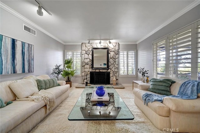 2917 Highridge Rd, La Crescenta, CA 91214 - living area with ornamental molding, a fireplace, and baseboards