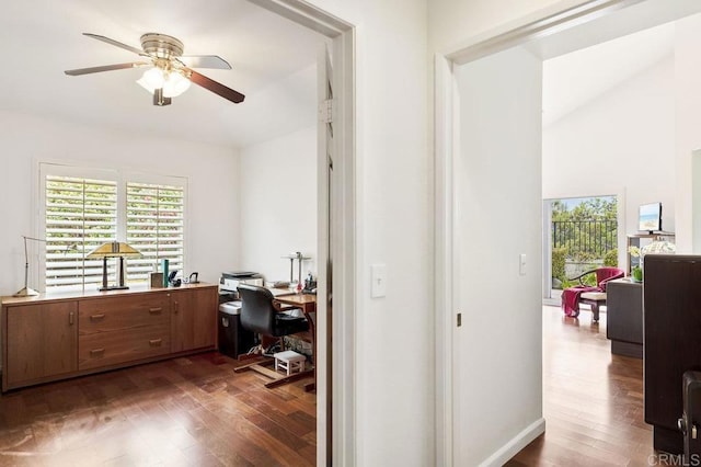 221 Via Tierra, Encinitas, CA 92024 - office with a ceiling fan, wood finished floors, and lofted ceiling