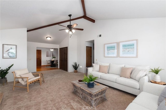 250 Coral Ct, Pismo Beach, CA 93449 - carpeted living room with a ceiling fan, beam ceiling, and high vaulted ceiling
