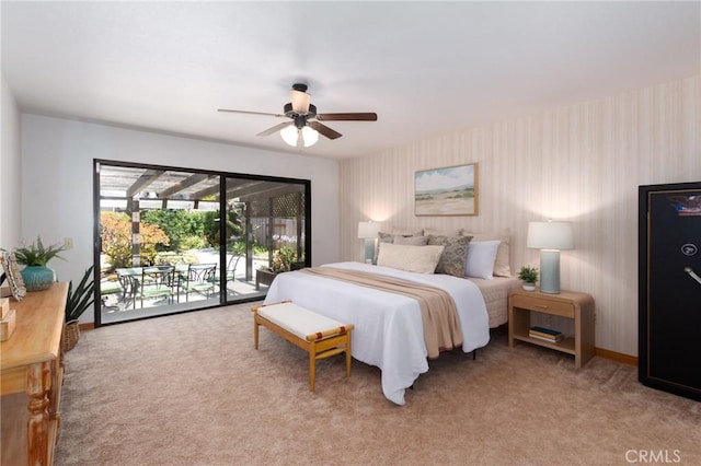 250 Coral Ct, Pismo Beach, CA 93449 - bedroom with access to outside, wallpapered walls, light colored carpet, and a ceiling fan
