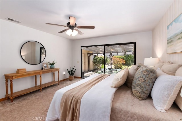 250 Coral Ct, Pismo Beach, CA 93449 - bedroom featuring access to exterior, light colored carpet, and ceiling fan