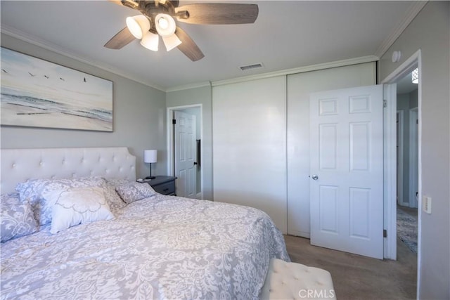 10546 Royal Oak Way, Stanton, CA 90680 - bedroom with carpet flooring, crown molding, a closet, and a ceiling fan