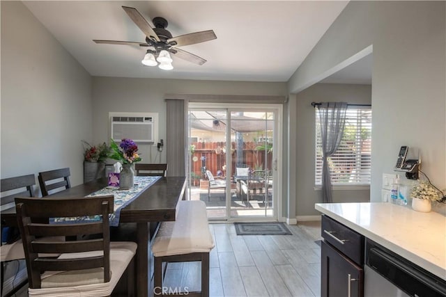 10546 Royal Oak Way, Stanton, CA 90680 - dining room with a wall unit AC, ceiling fan, and light wood-style floors