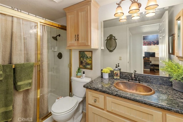 10830 Orchard View Ln, Riverside, CA 92503 - bathroom featuring a stall shower, vanity, toilet, and a chandelier