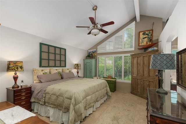 10830 Orchard View Ln, Riverside, CA 92503 - bedroom with high vaulted ceiling, beam ceiling, and a ceiling fan