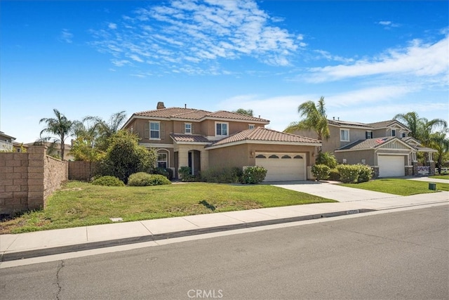 36340 Sicily Ln, Winchester, CA 92596 - mediterranean / spanish-style house with an attached garage, driveway, a chimney, a tile roof, and stucco siding