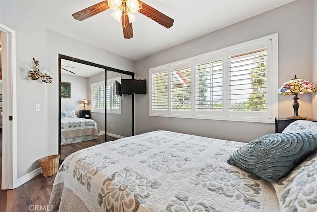 9081 Mandarin Ln, Riverside, CA 92508 - bedroom with wood finished floors, baseboards, a ceiling fan, and a closet